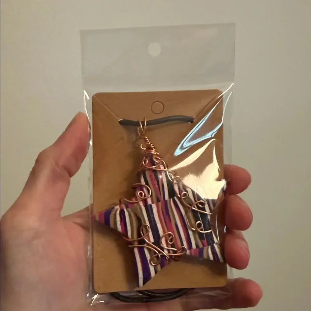 Cooper wire wrap star necklace leather cord